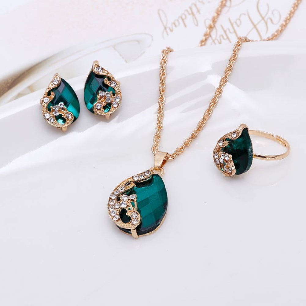 Women Jewelry Set Shiny Water-Drop Shape Rhinestone Necklace Earrings Ring Gift