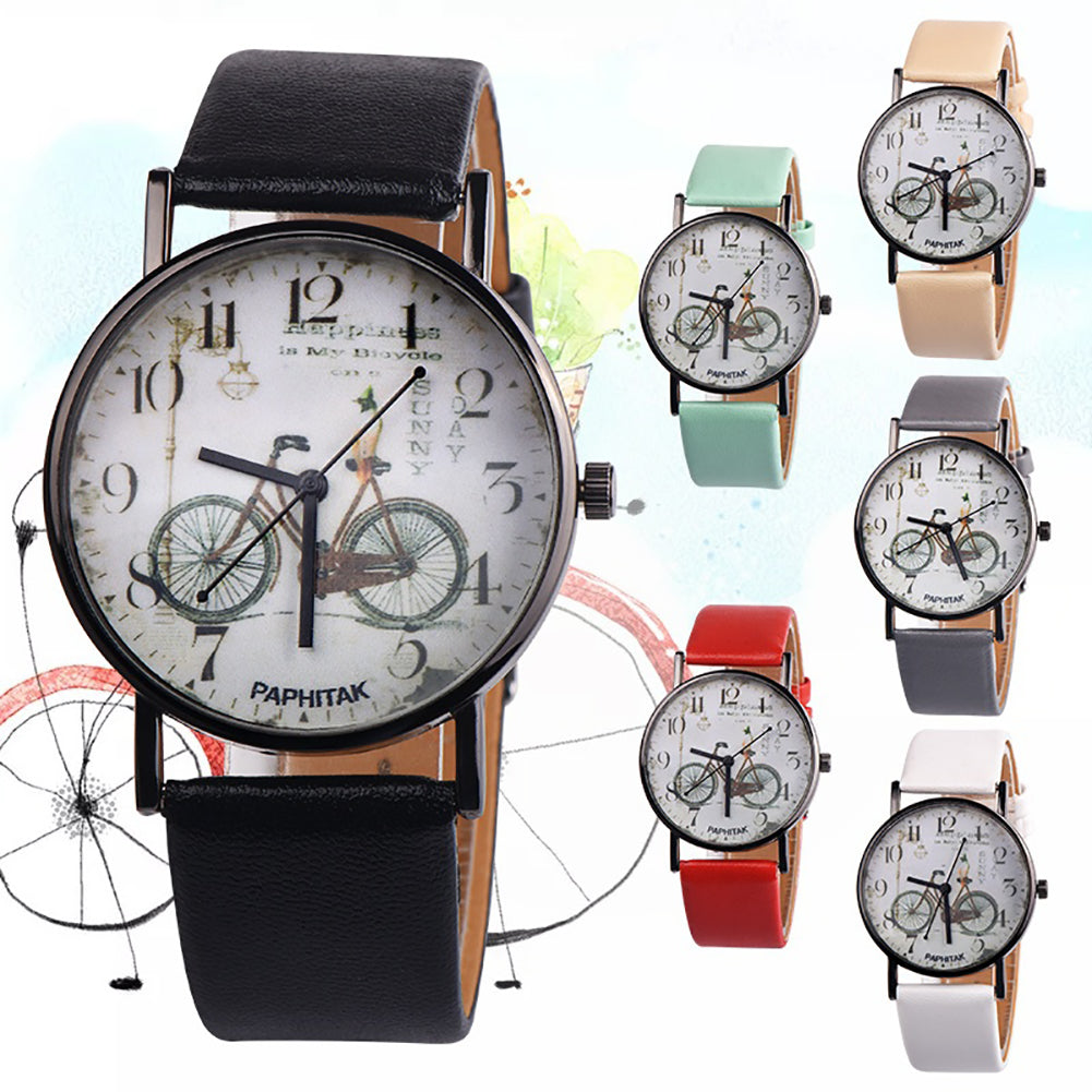 Vintage Bike Print Round Dial Analog Faux Leather Band Quartz Women Wrist Watch