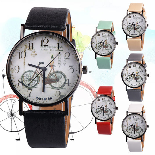 Vintage Bike Print Round Dial Analog Faux Leather Band Quartz Women Wrist Watch