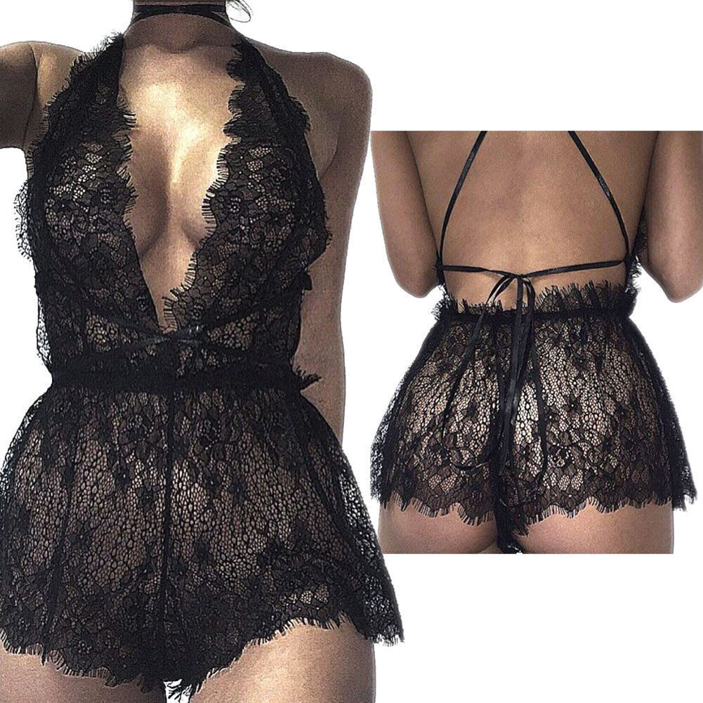 Women Sexy Deep V-Neck Halter See Through Lace Sleepwear + G-String Underwear