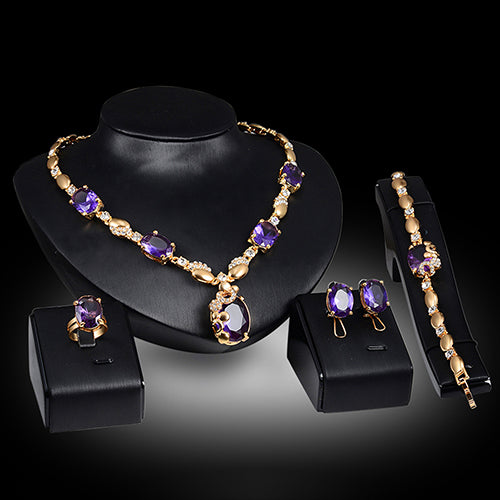 Retro Women Zircon Waterdrop Pendant Necklace Ring Earrings Bracelet Jewelry Set