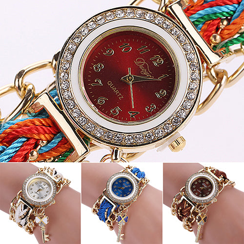 Women's Fashion Rhinestone Clover Key Pendant Braided String Chain Wrist Watch