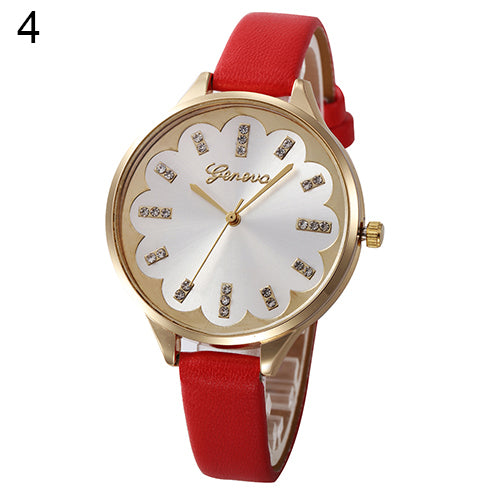 Hot Women Flower Dial Rhinestone Geneva Wristwatch Slim Faux Leather Band Watch
