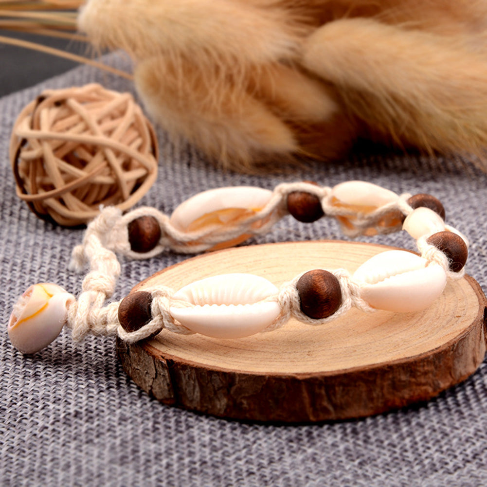 Women Knitted Wooden Beads Shell Summer Beach Anklet Ankle Bracelet Foot Jewelry