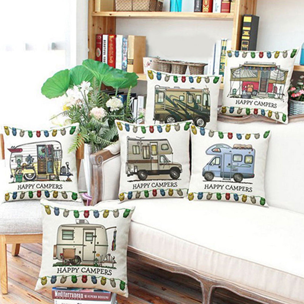 Happy Campers Soft Linen Pillow Sofa Case Waist Throw Cushion Cover Home Decor