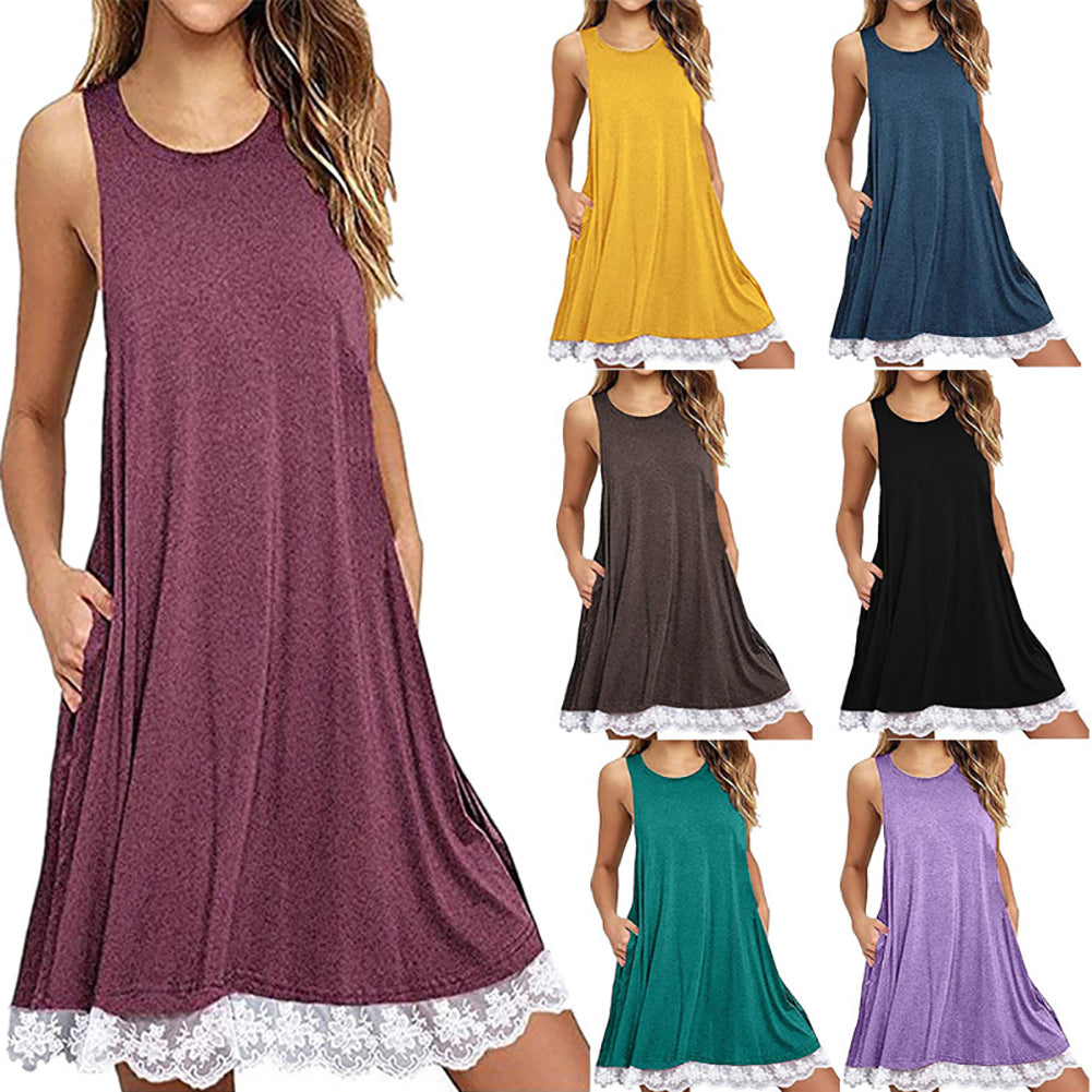 Women's Sleeveless Casual Loose Lace Stitching Trim Summer Fashion Dress Gift