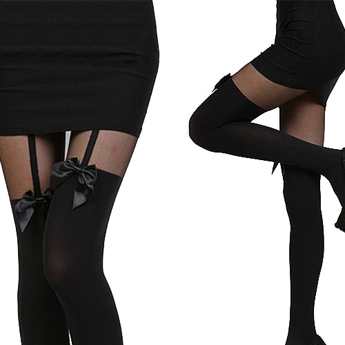 Sexy Women Cute Bowknot Tattoo Tights Stockings False Suspenders Party Pantyhose