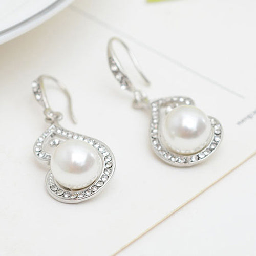 Party Women Rhinestone Big Faux Pearl Necklace Hook Earrings Set Fashion Jewelry