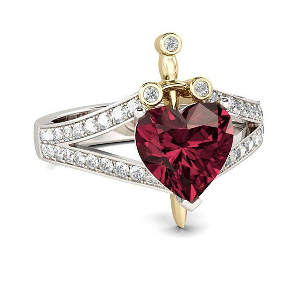 Women Fashion Love Heart Faux Ruby Rhinestone Inlaid Hollow Party Finger Ring