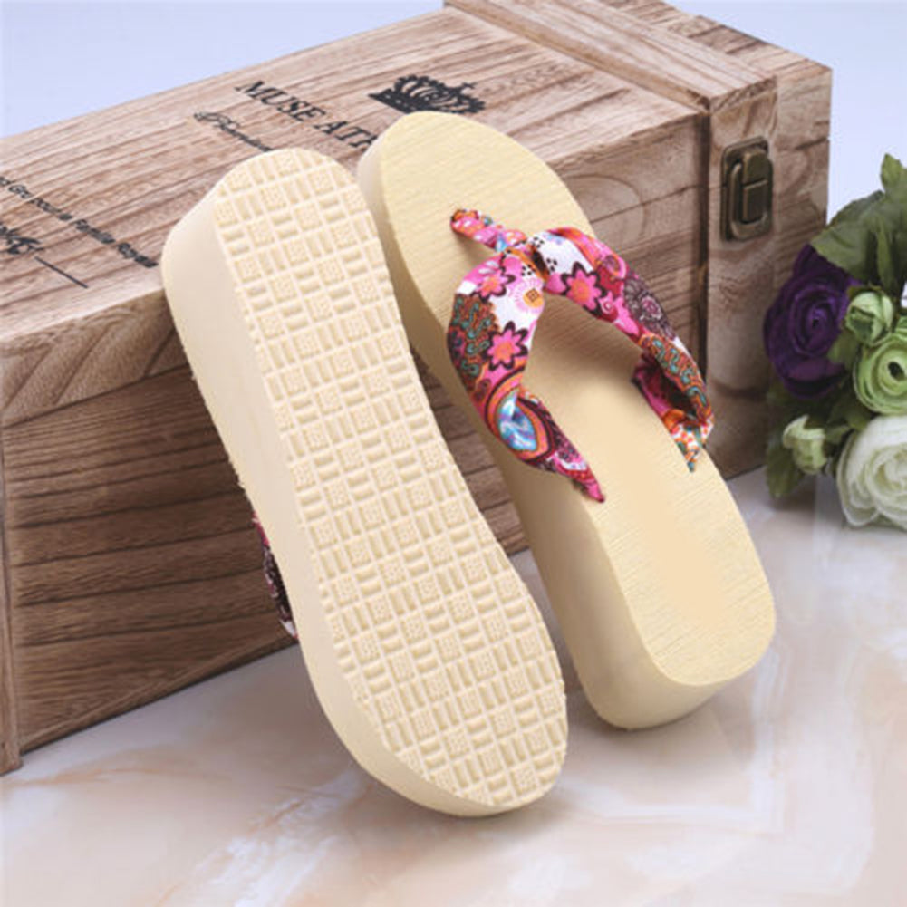 Women Summer Beach Soft Wedge Shoes Bohemia Flip Flops Flat Platform Slippers