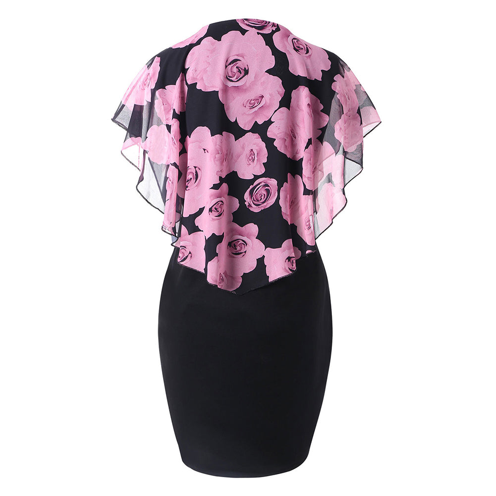 Fashion Elegant Rose Floral Print Shawl Design Round Neck Slim Fit Women Dress