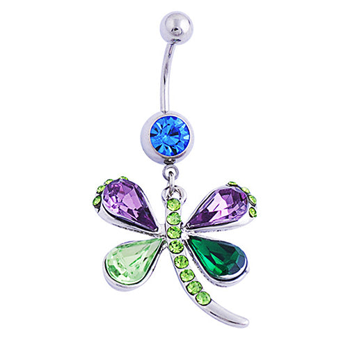 Colorful Dragonfly Button Barbell Navel Belly Ring Dangle Body Piercing Jewelry