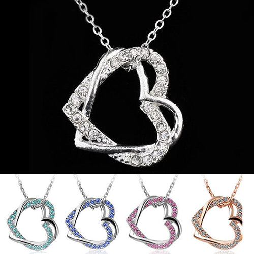 Women's Fashion Silver Plated Double Hearts Rhinestone Pendant Long Necklace