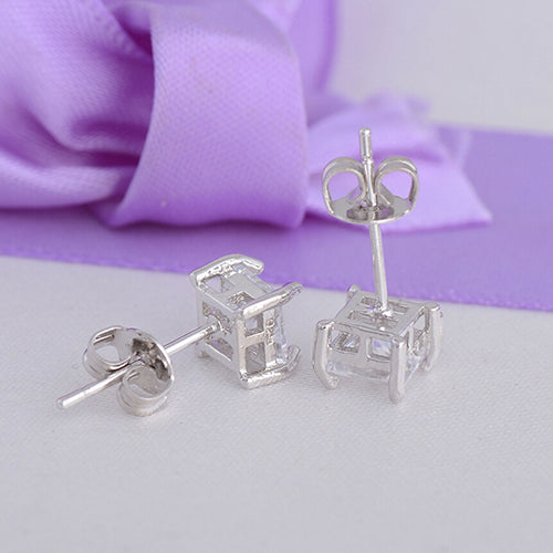 Fashion Women 925 Sterling Silver Clear Square Cubic Zirconia Ear Studs Earrings