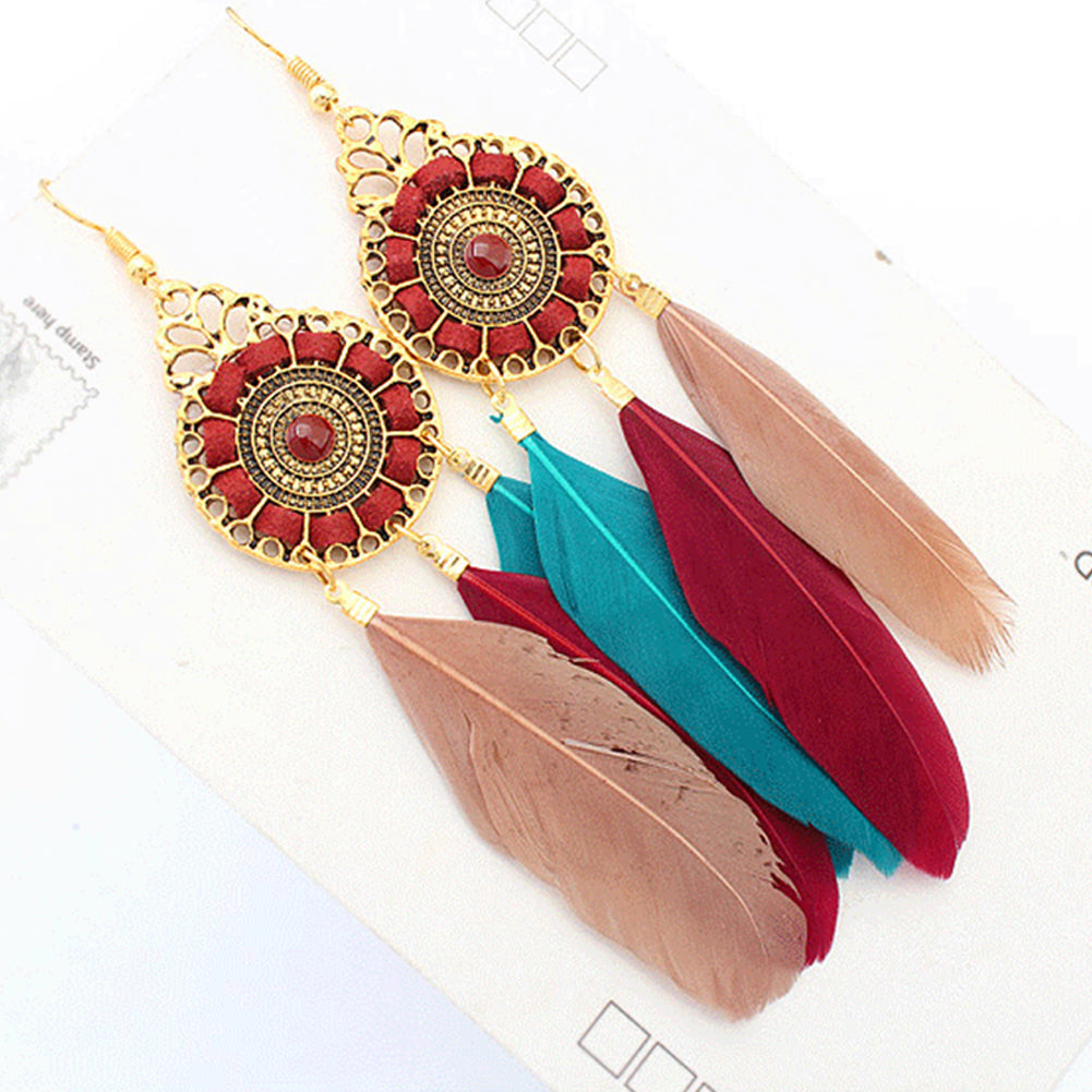 Vintage Women Long Feather Round Hollow Circle Hook Earrings Party Jewelry Gift
