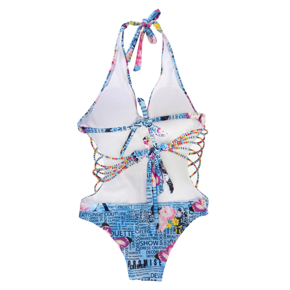 Butterfly Letter Print Swimsuit Halter Bandage Backless Swimwear Women Monokini