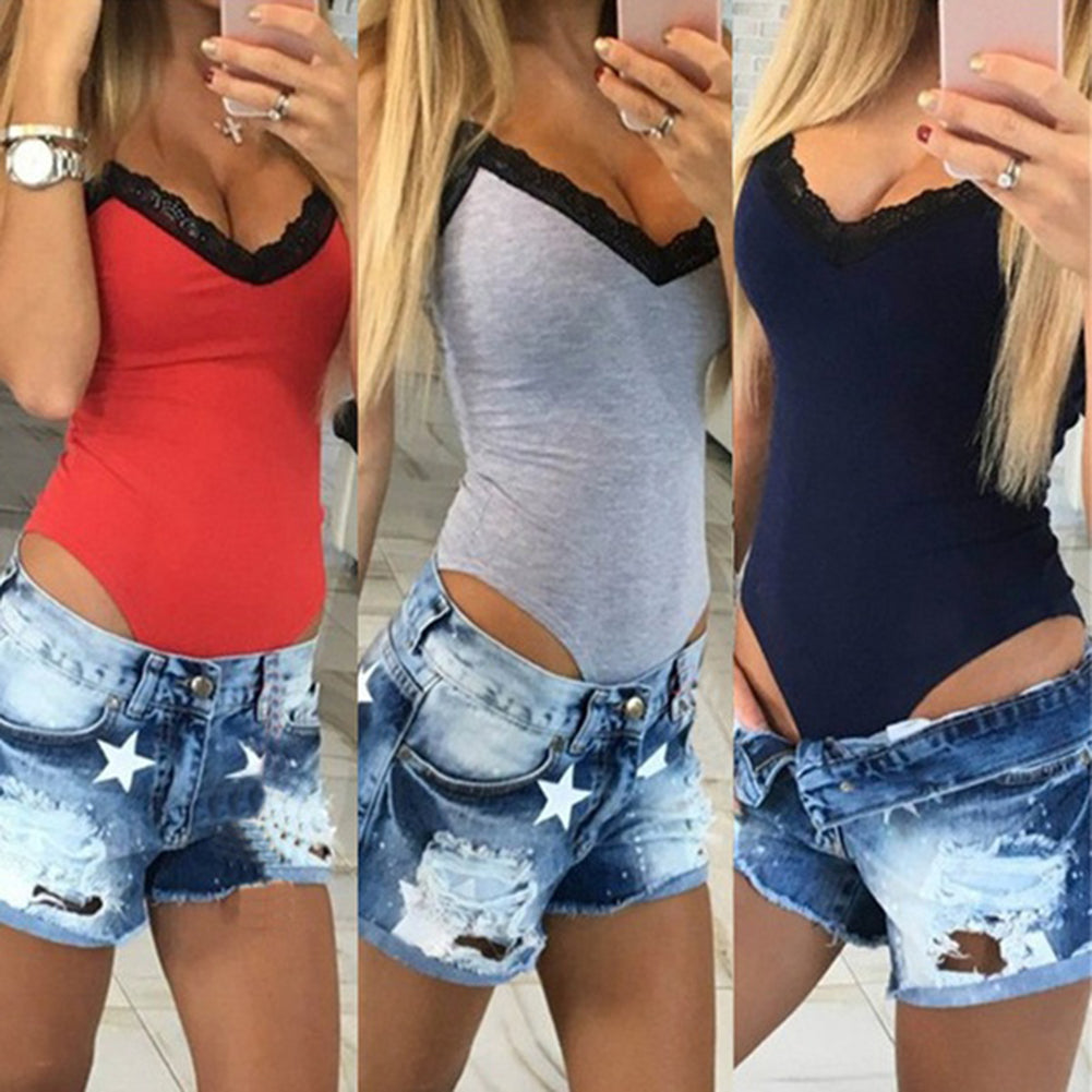 Sexy Women Summer Slim Fit V-neck Romper Stretch Bodycon Lace Patchwork Jumpsuit