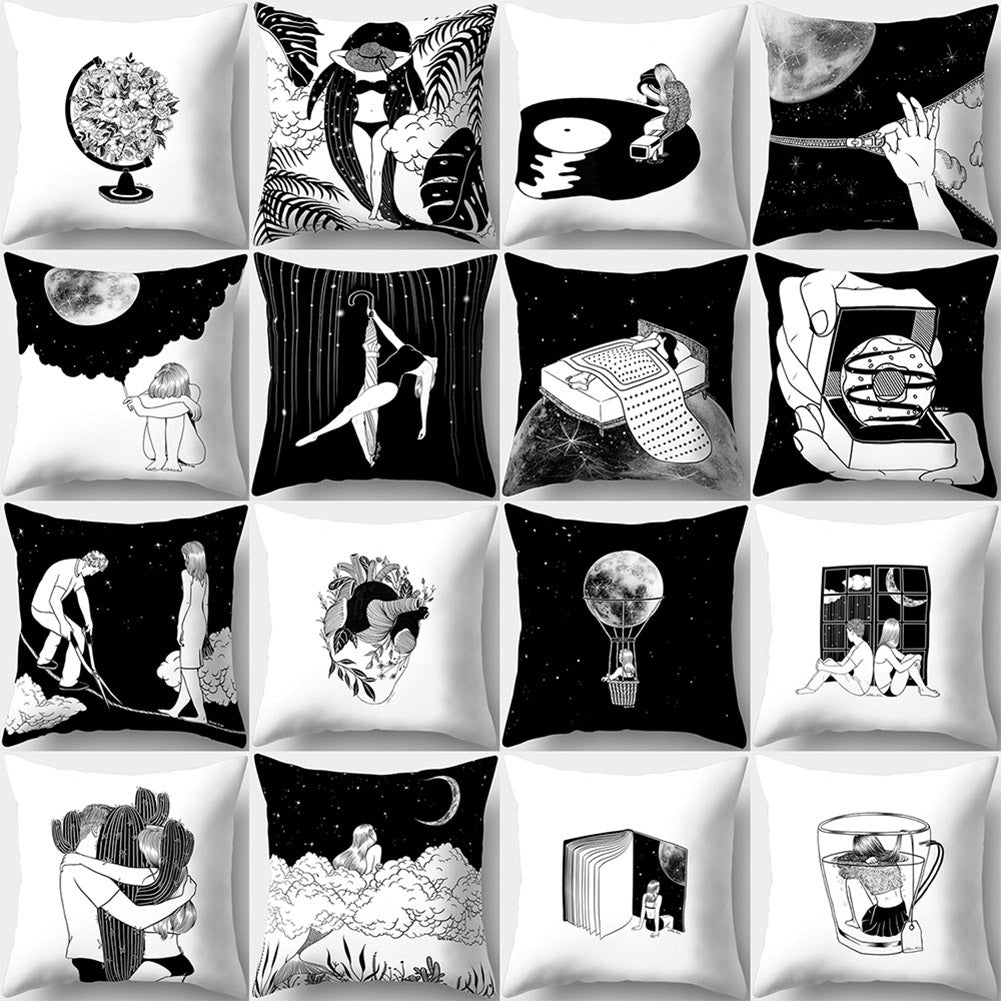 Black and White Cartoon Pattern Sofa Bed Throw Pillow Case Cushion Cover