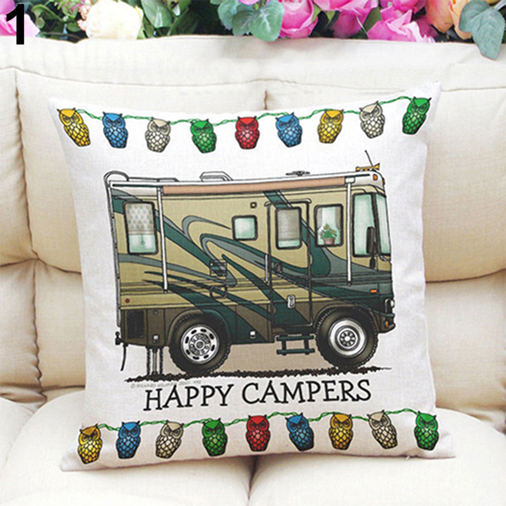 Happy Campers Soft Linen Pillow Sofa Case Waist Throw Cushion Cover Home Decor