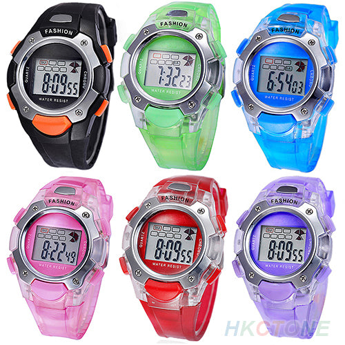 Unisex Boy Girl Children Digital Week Alarm Backlight Jelly Sport Wrist Watch