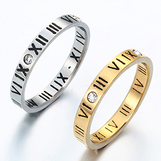 Punk Roman Numerals Rhinestone Stainless Steel Finger Jewelry Couple Ring Gift