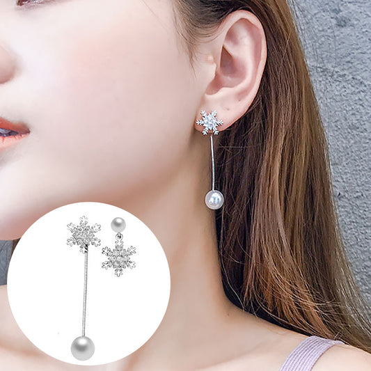 Asymmetric Snowflake Earrings Women Fashion Long Tassel Faux Pearl Eardrop Gift