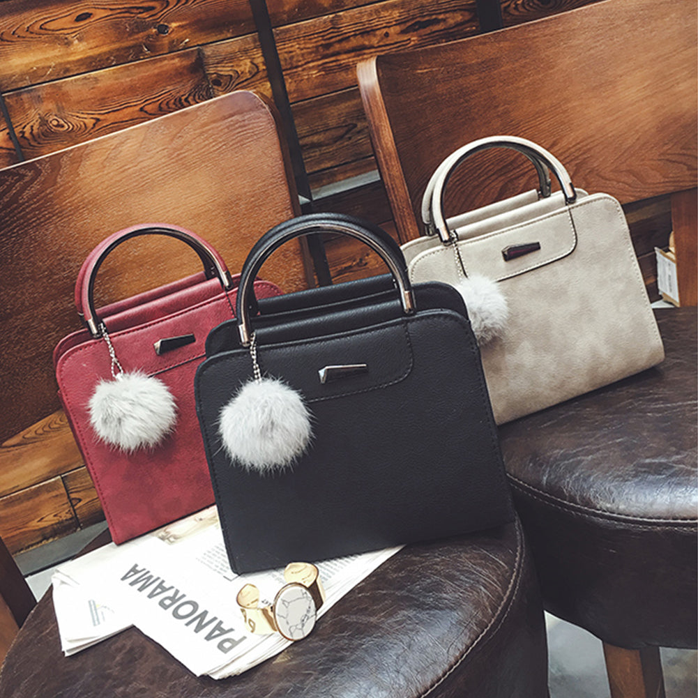 Fashion Women Plush Ball Faux Leather Shoulder Bag Tote Purse Crossbody  Handbag