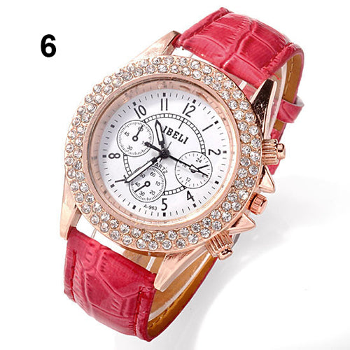 Women Shiny Rhinestone Decorated Bezel Analog Quartz Faux Leather Wrist Watch