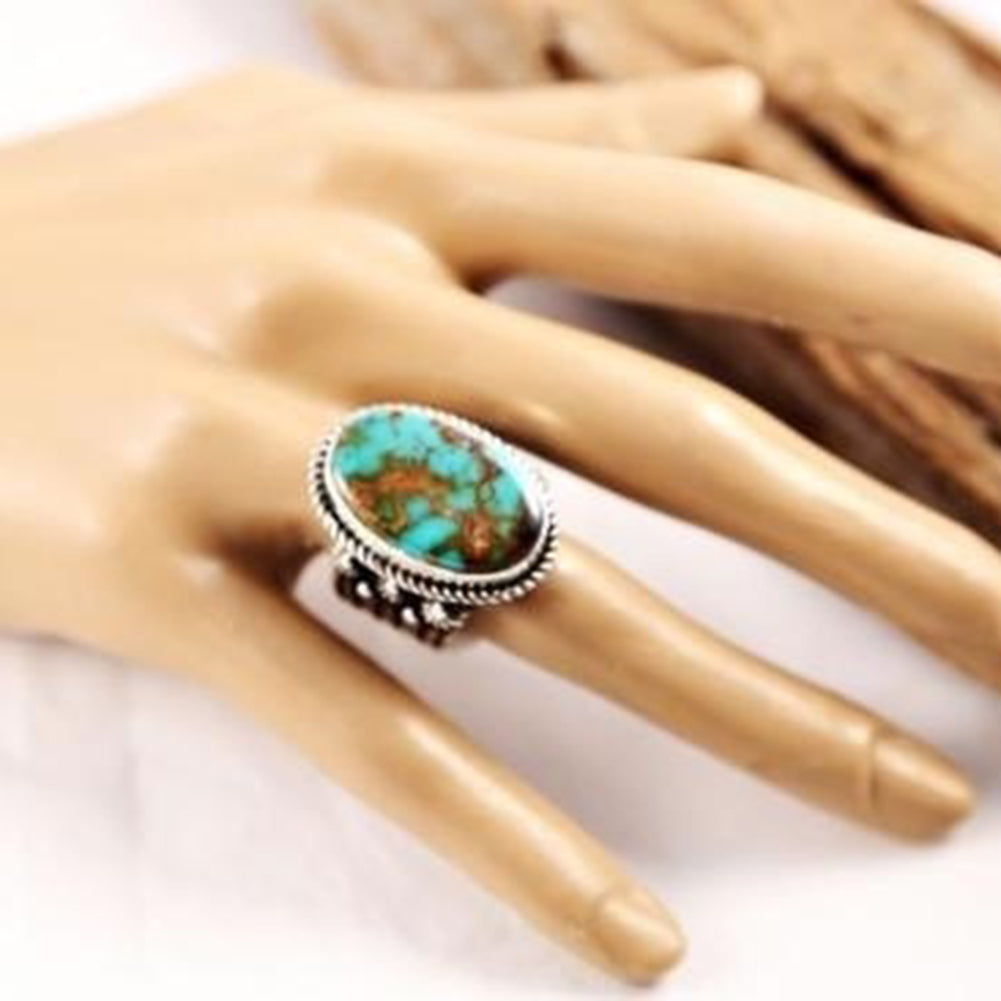 Retro Women Turquoise Artificial Gemstone Floral Ring Party Jewelry Finger Decor