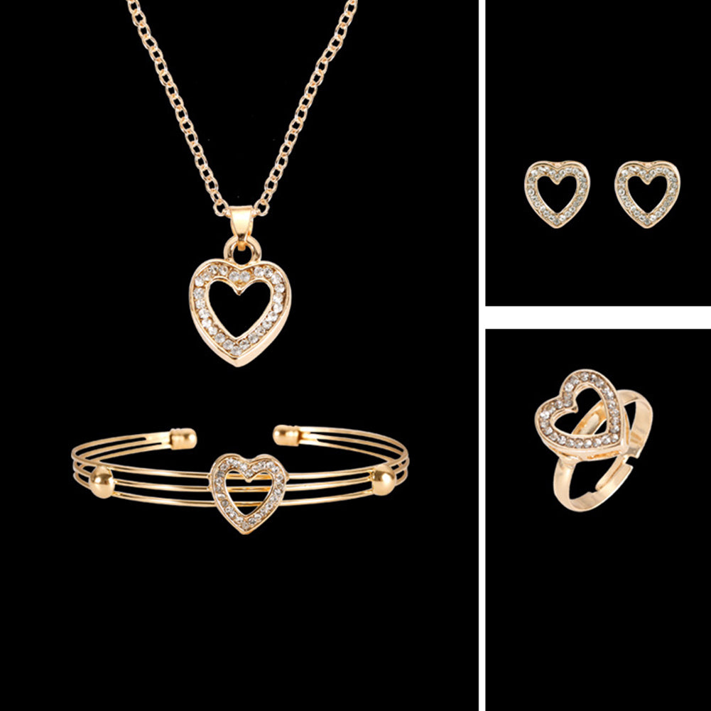 Women Hollow Heart Necklace Earrings Opening Bangle Ring Love Gift Jewelry Set