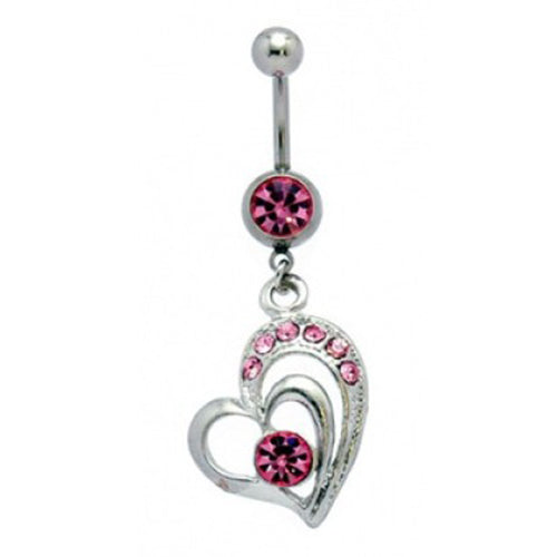 14G Surgical Steel Love Heart Hollow Dangle Cubic Zirconia Belly Button Ring