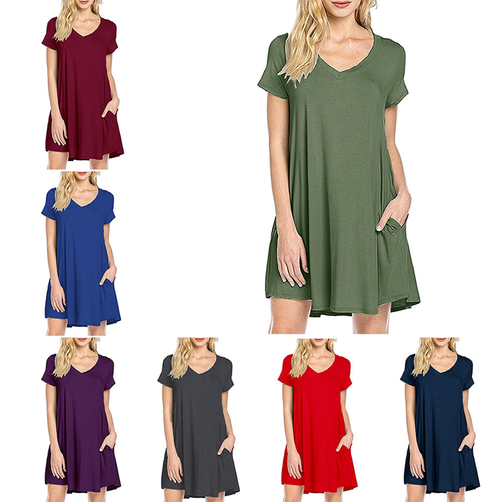 Women's Casual Simple Plain Side Pockets Summer Loose V-Neck T-shirt Dress