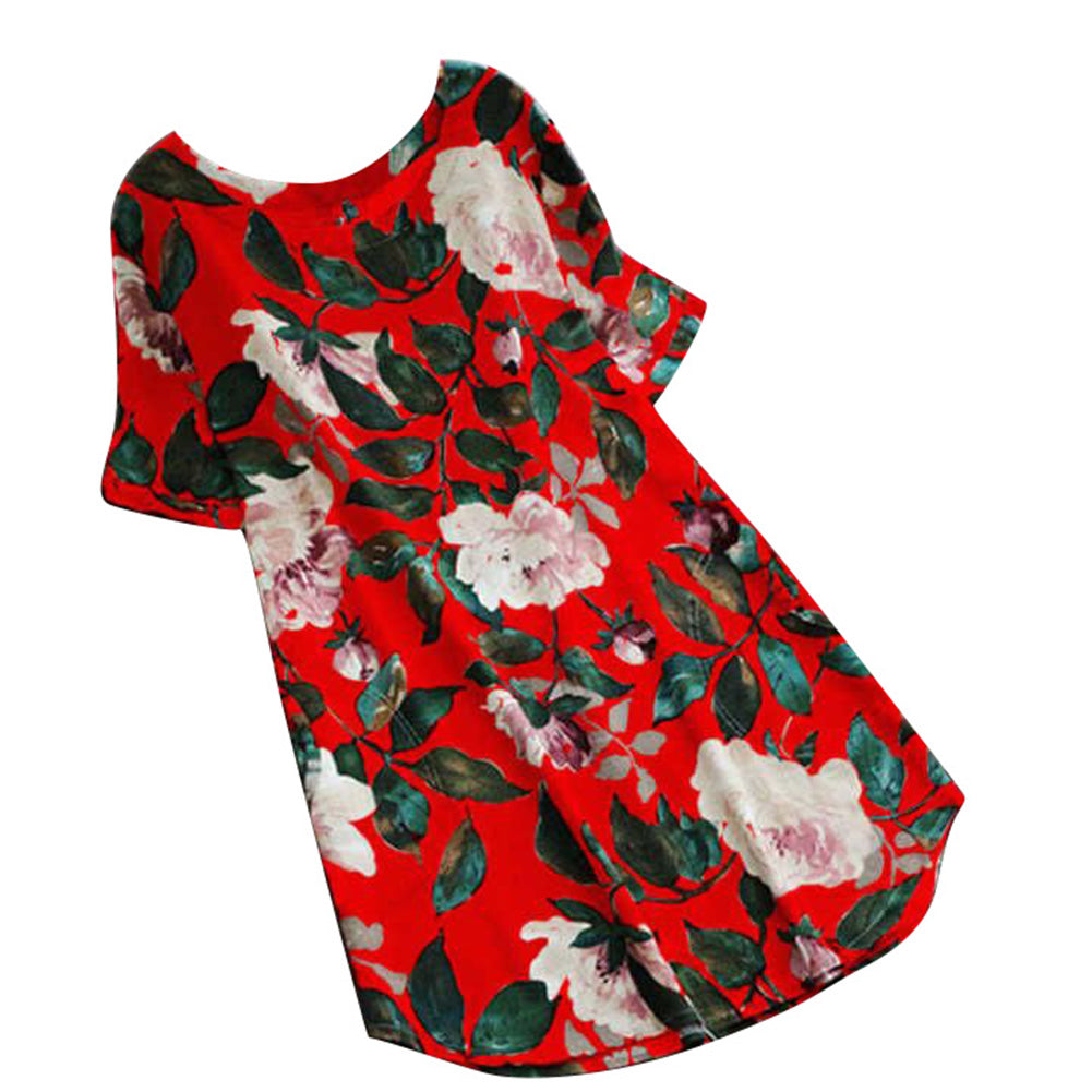 Summer Women Floral Print Short Sleeve Long Shirt Plus Size Loose Mini Dress