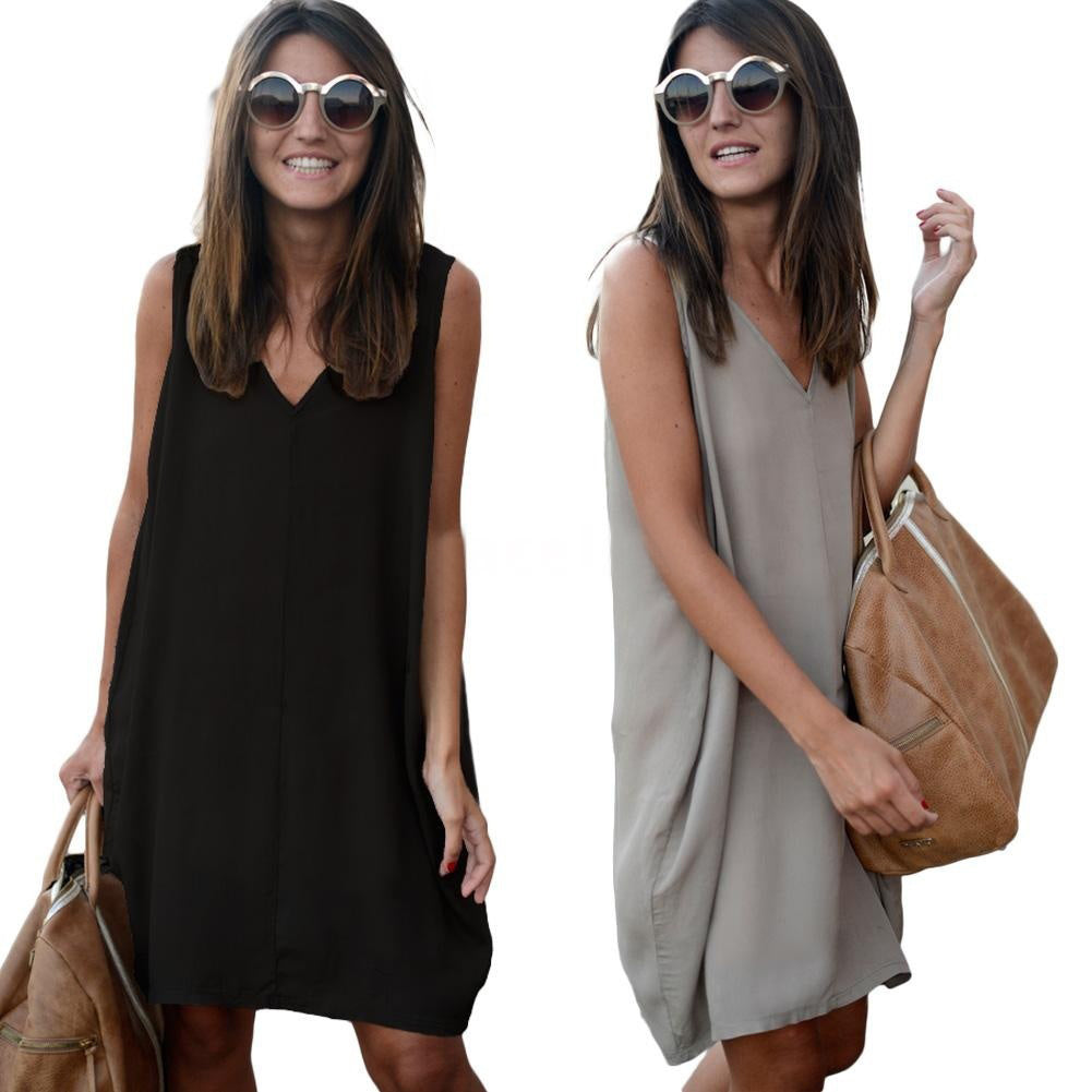 Summer Casual Loose Tank Vest V-Neck Sleeveless Women Solid Color Mini Dress