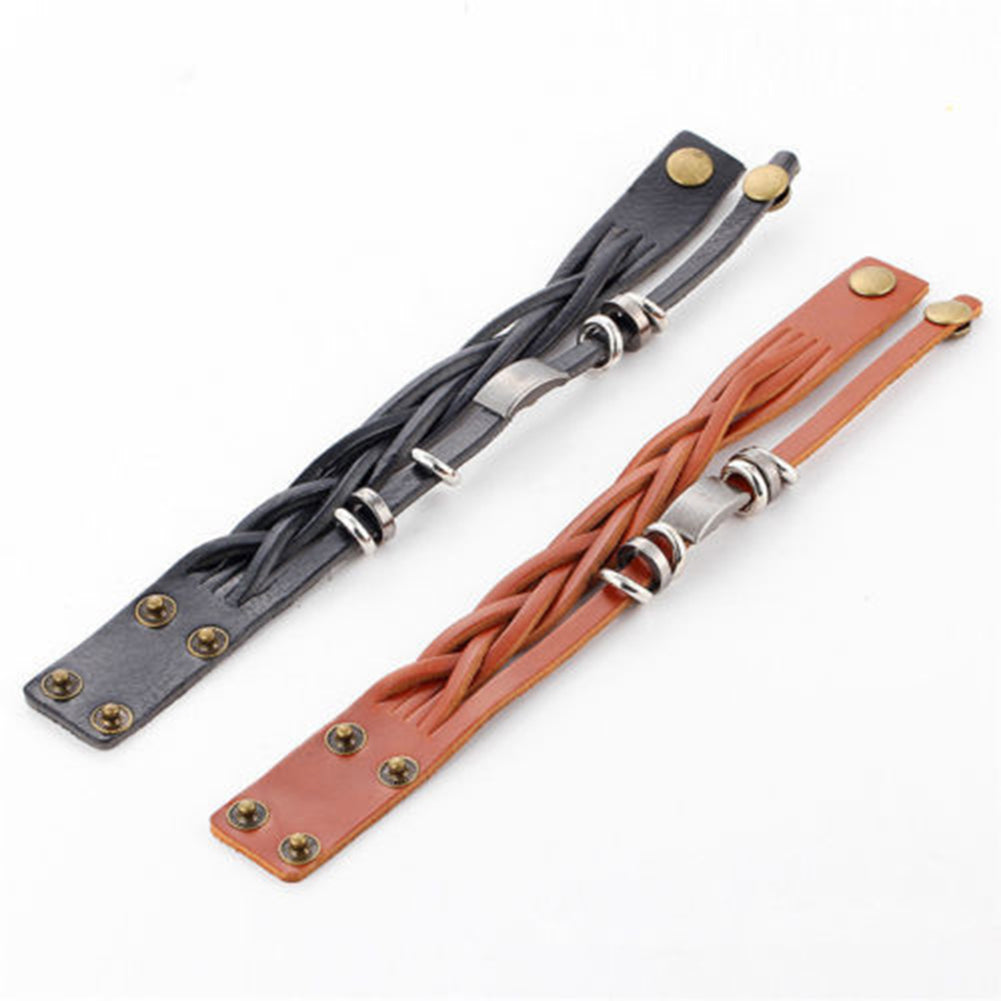 Men Vintage Braided Faux Leather Stainless Steel Cuff Bangle Bracelet Wristband