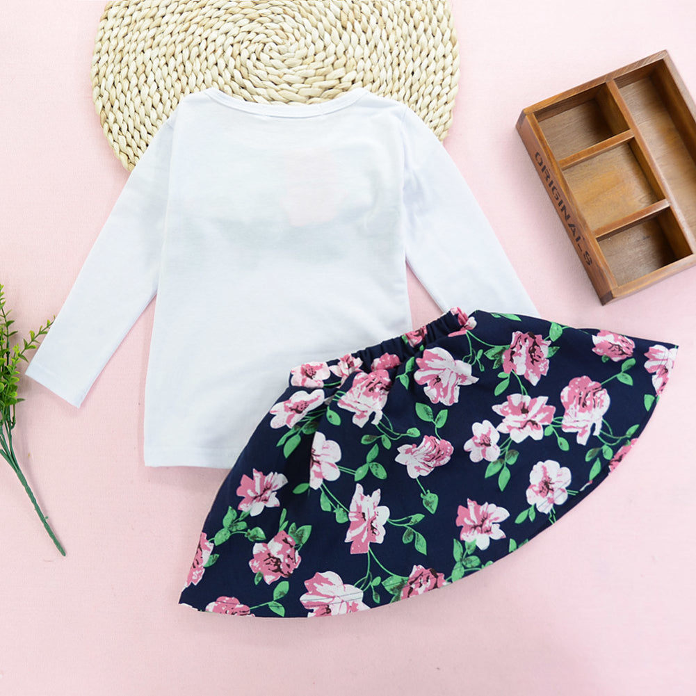 Kid Girls Fashion Spring Love Flowers Printed Long Sleeve Shirt Skirt Outfits