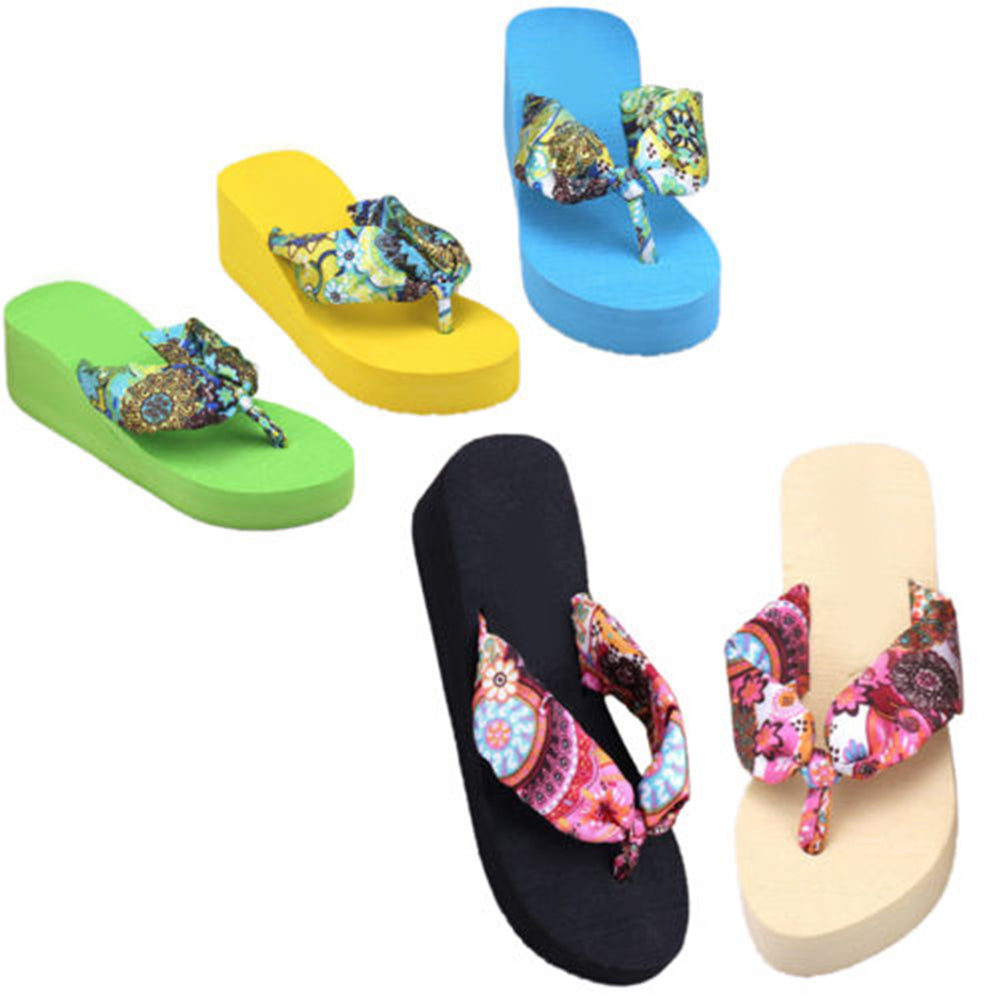 Women Summer Beach Soft Wedge Shoes Bohemia Flip Flops Flat Platform Slippers