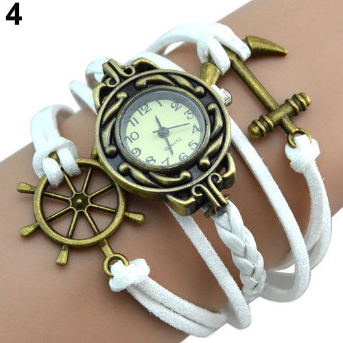 Lady Retro Rudder Anchor Charm Faux Leather Band Bracelet Quartz Wrist Watch