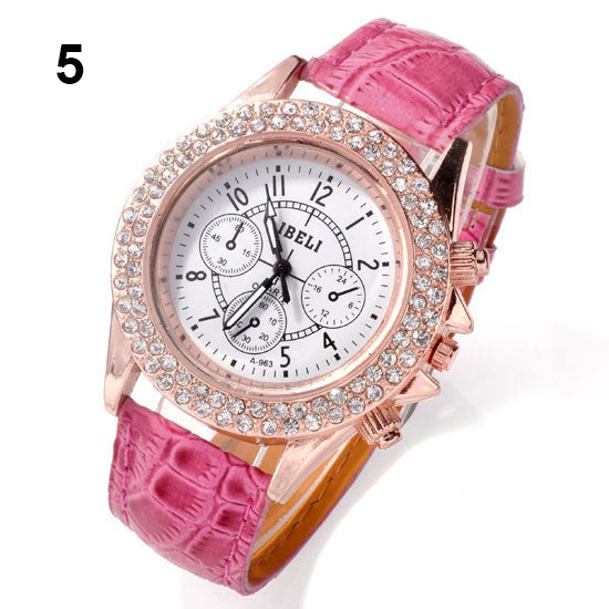 Women Shiny Rhinestone Decorated Bezel Analog Quartz Faux Leather Wrist Watch