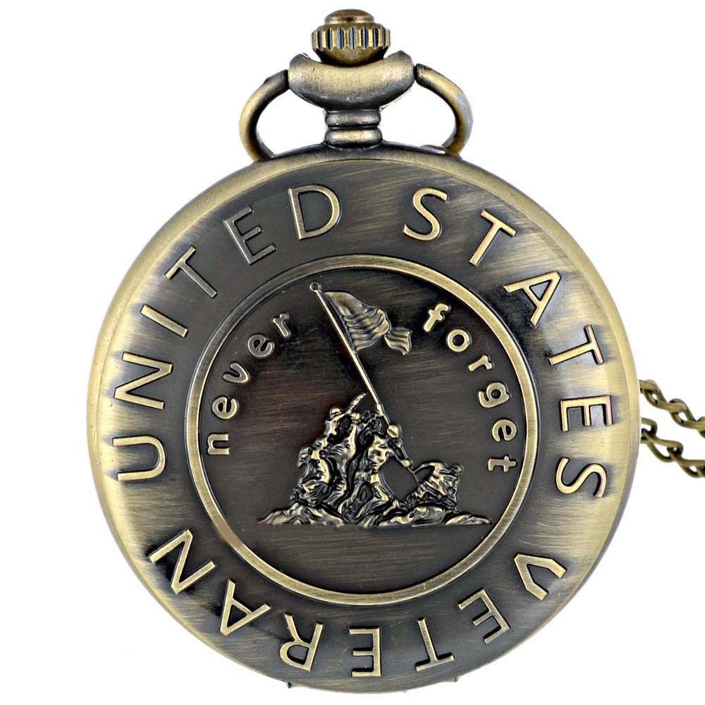 Vintage US Veteran Army Bronze Pocket Watch Quartz Necklace Pendant Antique Gift