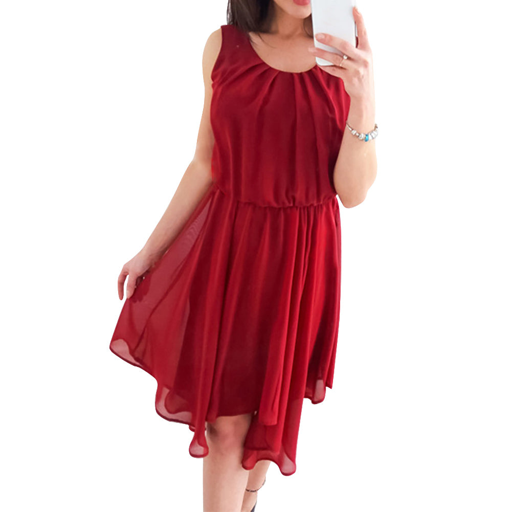 Summer Fashion Women Sleeveless Solid Color Irregular Hem Chiffon Casual Dress