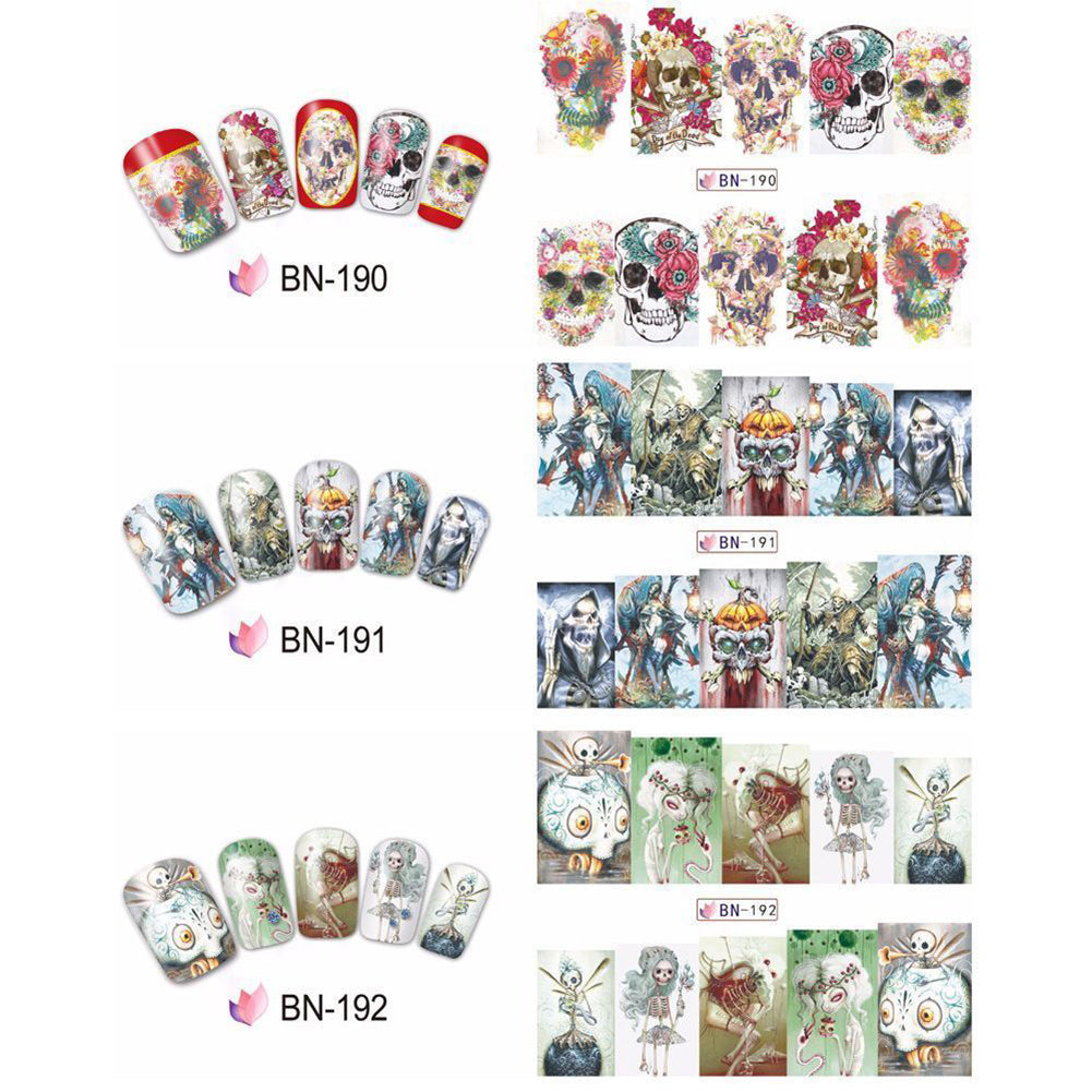 24Pcs Halloween Cartoon Skull Water Transfer Manicure DIY Tips Nail Art Stickers