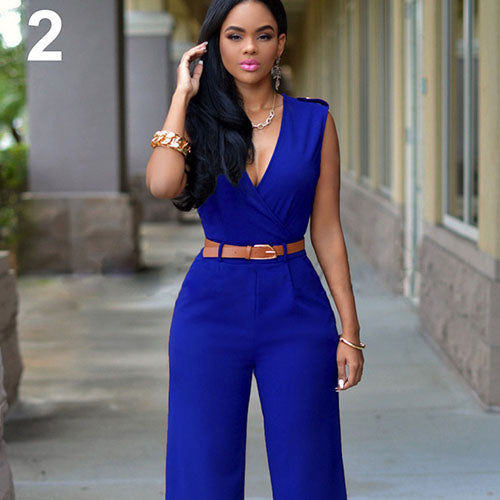 Women Sleeveless V-Neck High Waist Wide Leg Romper Pants Jumpsuit with Belt