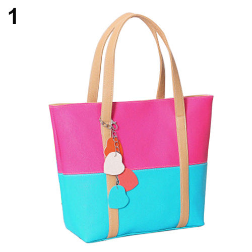Color Block Faux Leather Messenger Bag Satchel Heart Purse Shoulder Handbag