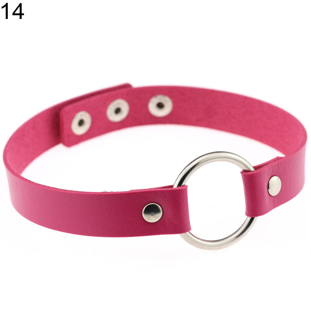 Women Fashion Punk Choker O-Ring Faux Leather Rivets Collar Short Necklace