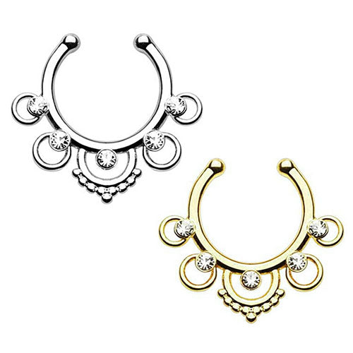Crown Hollow Nose Ring Rhinestone Non Piercing Hanger Clip On Hoop Body Jewelry