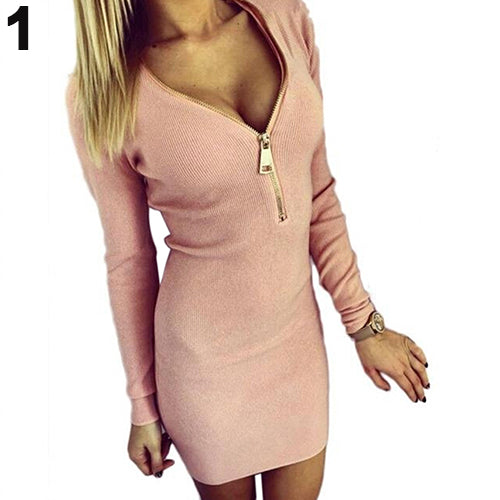 Women's Sexy Zip V Neck Long Sleeve Winter Bodycon Party Slim Short Mini Dress