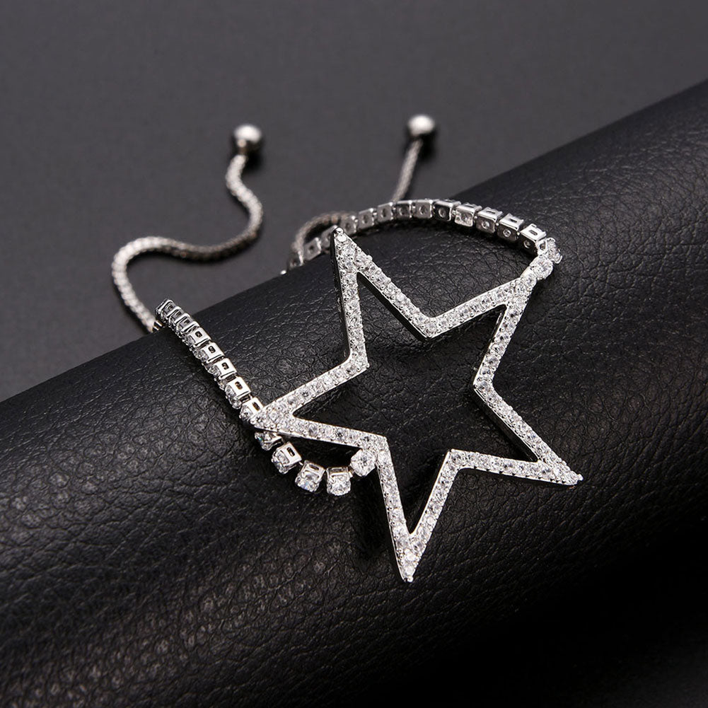 Luxury Zircon Hollow Star Charm Adjustable Pull Slider Bracelet Women Bangle