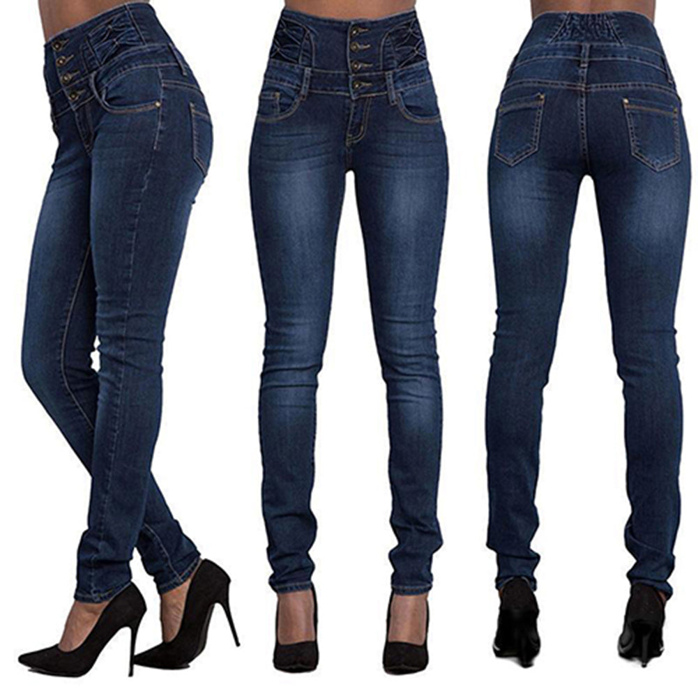 Women Fashion High Waist Slim Skinny Jeans Stretch Pencil Pants Denim Trousers