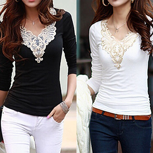 Women's Embroidery Lace Decoration Tops V Neck Long Sleeves Slim Cotton T-Shirt